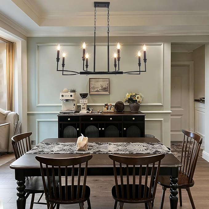 8-Light Black Chandelier, Farmhouse Dining Room Light Fixtures Over Table, Metal Candle Rectangular Chandelier Light Fixture Dining Retro Kitchen Island Lighting Living Room Entryway37in