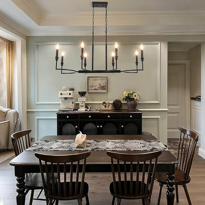 8-Light Black Chandelier, Farmhouse Dining Room Light Fixtures Over Table, Metal Candle Rectangular Chandelier Light Fixture Dining Retro Kitchen Island Lighting Living Room Entryway37in