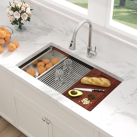 Sarlai ADA Undermount Kitchen Sink, 30 Inch Undermount Workstation Kitchen Sink 6-Inch Low Depth ADA Compliant Single Bowl 16 Gauge Stainless Steel 30x18 Inch Under Mount Handmade Sinks Basin