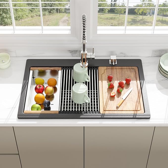 33 Granite Composite Kitchen Sink - Beslend 33x22 Drop In Black Kitchen Sink, Topmount Granite Luxury Above Counter Worksation Black Sinks Easy Clean Quartz Dish Basin for Kitchen Remodel