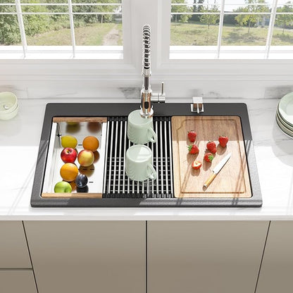 33 Granite Composite Kitchen Sink - Beslend 33x22 Drop In Black Kitchen Sink, Topmount Granite Luxury Above Counter Worksation Black Sinks Easy Clean Quartz Dish Basin for Kitchen Remodel