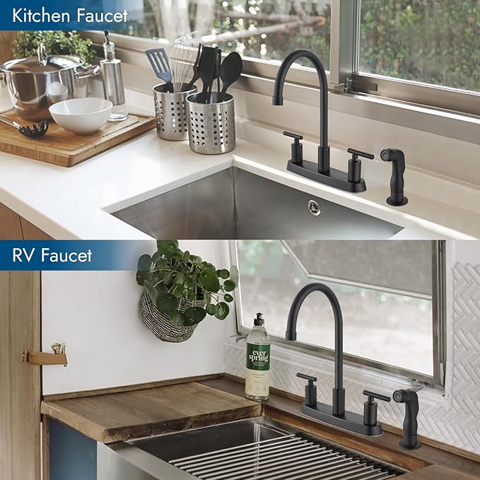 Kitchen Faucets, High Arc 360°Rotating Spout Kitchen Sink Faucet, 2 Handle 8 Inch Centerset RV Kitchen Faucet with Supply Lines, 3 or 4 Hole Kitchen Faucet with Side Sprayer, Matte Black