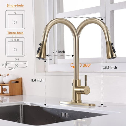 Touchless Faucet with Pull Down Sprayer, Motion Sensor & Soap Dispenser - Single High Arc Pull Out Faucet for Kitchen Sink, RV, Gold