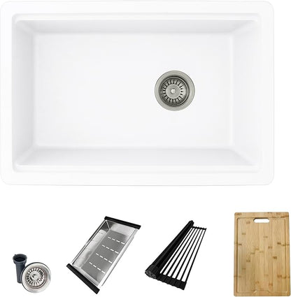 Stylish 28 x 18 Inch Composite Granite Workstation Kitchen Sink, Single Bowl Under Mount & Drop in, 9.5 in Deep, with Bamboo Cutting Board, Roll-Up Drying Rack, Colander & Strainer, White, S-828WH