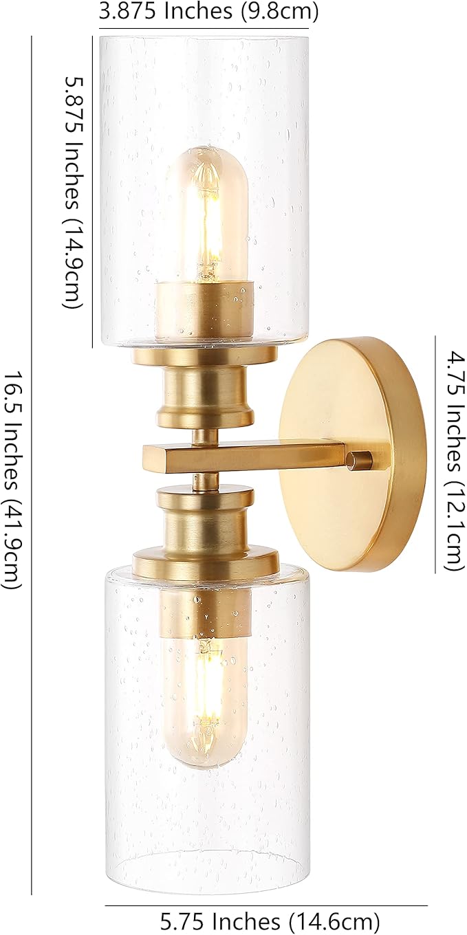 JONATHAN Y 16.5" Brass Gold 2-Light LED Wall Sconce, Modern Farmhouse Vanity Light with Seeded Glass Shade, Industrial Iron Fixture for Bathroom Mirror, LED Bulbs Included (JYL7577E)