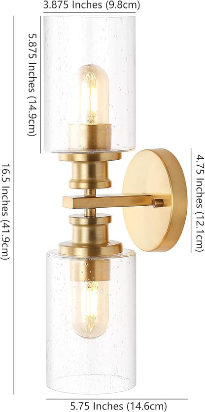 JONATHAN Y 16.5" Brass Gold 2-Light LED Wall Sconce, Modern Farmhouse Vanity Light with Seeded Glass Shade, Industrial Iron Fixture for Bathroom Mirror, LED Bulbs Included (JYL7577E)