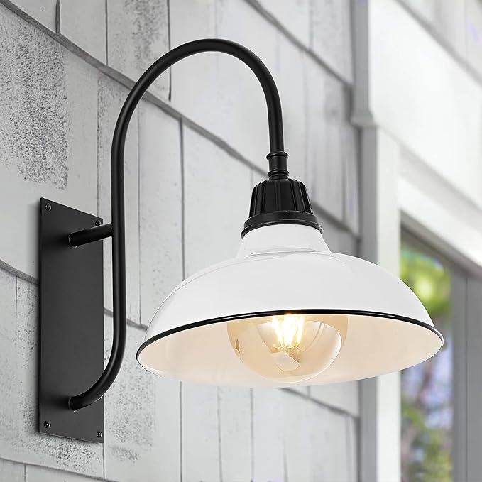 JONATHAN Y 12.25" White/Black 1-Light Farmhouse Gooseneck Outdoor Wall Sconce Lamp, with Black Metal Bowl Shade, Industrial Iron LED Porch Light for Patio Garage Entryway JYL7614A