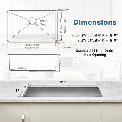 33 Inch Undermount Kitchen Sink Single Bowl,304 Stainless Steel Kitchen Sink, Include Dish-DryingRoll-up Rack Accessories, (Brushed Nickel, 33x19x10 Inch)