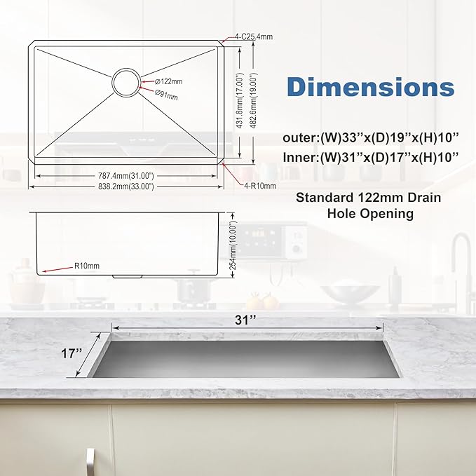 33 Inch Undermount Kitchen Sink Single Bowl,304 Stainless Steel Kitchen Sink, Include Dish-DryingRoll-up Rack Accessories, (Undermount Single Bowl, 33Inch Silver)