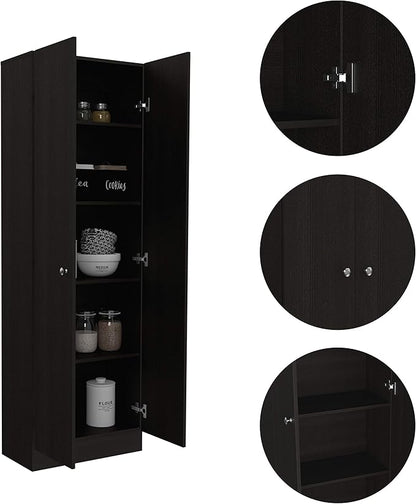 Modern Kitchen Pantry, Black Storage Cabinet with 5 Shelves & Double Door, Easy to Maintain, for Dining Room