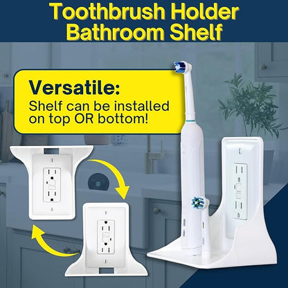 Power Perch Wall Outlet Shelf with Cord Storage Strap - Declutter & Reclaim Bathroom Counter Space - Alexa Stand, Apple Homepod Shelf, Toothbrush Holders Wall Mounted - White, 2-Pack