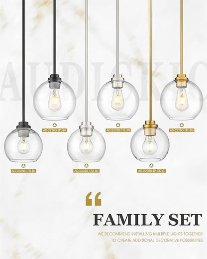 Pendant Lights Kitchen Island 2 Pack, 7" Modern Black Hanging Lights Fixtures with Clear Glass Globe Shade, Kitchen Island Lighting for Bathroom, AD-22280-1P2-BK-C