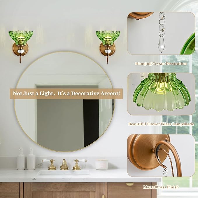 1 Piece Vintage Wall Sconce, 1-Light Matte Antique Brass Finish Wall Sconce with Hanging Crystal Accents and Flower-Shaped Green Shades for Bathroom Bedroom Living Room,Vintage Vanity Light