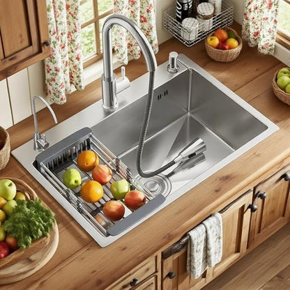ARTLINE Stainless Steel Kitchen Sink, Drop In Single Bowl Sink, Topmount Workstation Sink with Sliding Accessories, Farmhouse Workstation sink with Multiple Accessories (26.8 x 17.7in)