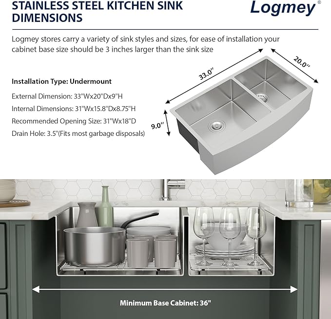 Logmey 33 Inch Farmhouse Sink 60/40 Double Bowl Kitchen Sink Apon Front Sink 16 Gauge 304 Stainless Steel Farm Sinks 33x20x9