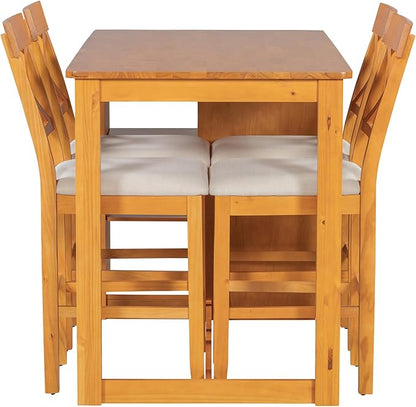 Solid Wood Counter Height Dining Set, 60" L x 30" W Farmhouse Kitchen Table with Open Shelves, 5 Piece Bar Height Dining Table Set with Padded Cross Back Chairs for Kitchen