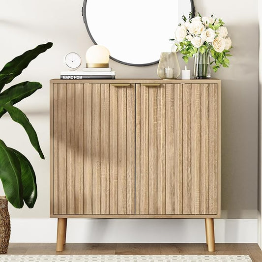 Vrullu Fluted Storage Cabinet, Free Standing Buffet, Wood Sideboard, Multifunctional Accent Storage for Living Room, Hallway, Entryway, Dining Room (2, Oak)