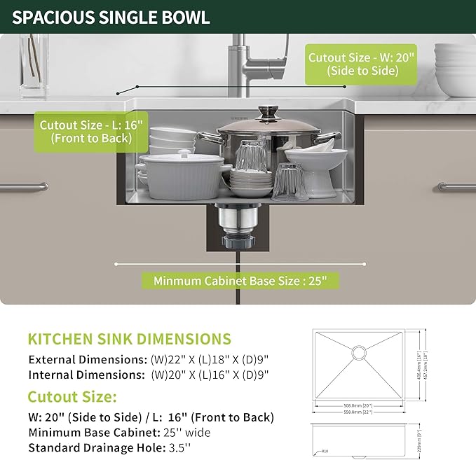 22-Inch Undermount Kitchen Sink, SINKVINE 22" x 18" Stainless Steel Bar Sink Single Bowl Outdoor, Handmade Laundry Basin with 3.5-inch Drain Strainer, Bottom Grid Protector, and Roll-up Drying Unit
