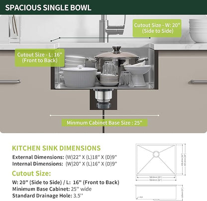 22-Inch Undermount Kitchen Sink, SINKVINE 22" x 18" Stainless Steel Bar Sink Single Bowl Outdoor, Handmade Laundry Basin with 3.5-inch Drain Strainer, Bottom Grid Protector, and Roll-up Drying Unit