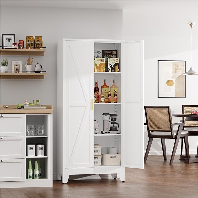 Kitchen Pantry Cabinet with Barn Doors,61" H x 27.5" W,Metal Farmhouse Storage Cabinet with Adjustable Shelves,4-Tier Storage Cabinet for Kitchen Dining Room Garage Office,White 1 Pack
