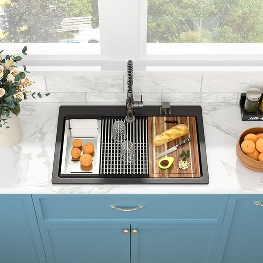 Sarlai Granite Composite Kitchen Sink - 33"x22" Drop In Kitchen Sink Matte Black Ledge 33 Inch Workstation Granite Quartz Composite Top-Mount Single Bowl Sinks Basin with Accessories