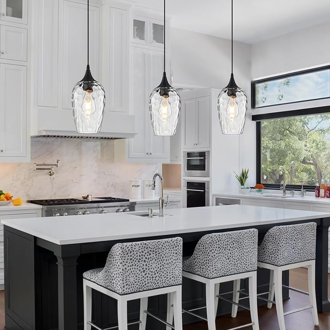 Glass Pendant Lights Kitchen Island 2 Pack, Black Pendant Light Fixtures with Hand-Blown Clear Glass Modem Farmhouse Hanging Light for Kitchen Sink Dining Room Bedroom