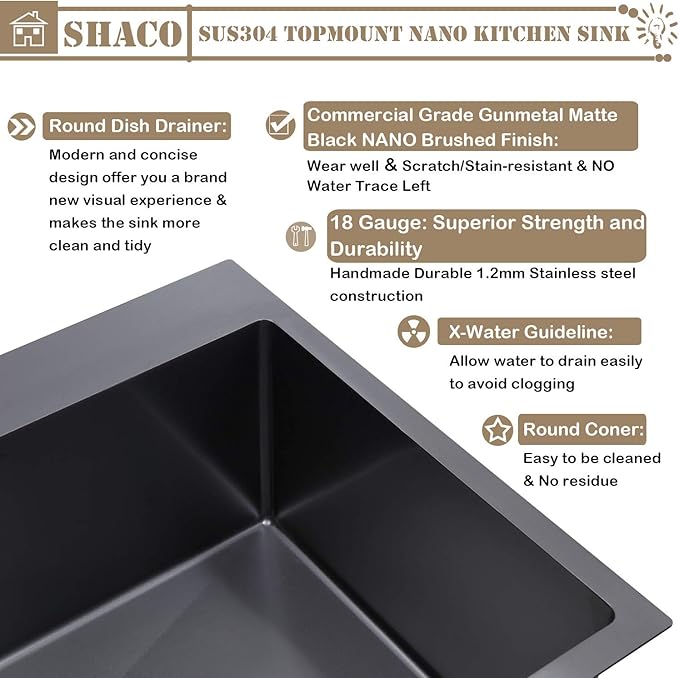 SHACO 28 Inch Black Drop In Kitchen Sink, Gunmetal Black Stainless Steel Top Mount RV Laundry Utility 9 Inch Deep Single Bowl Basin Wet Bar Prep Sink