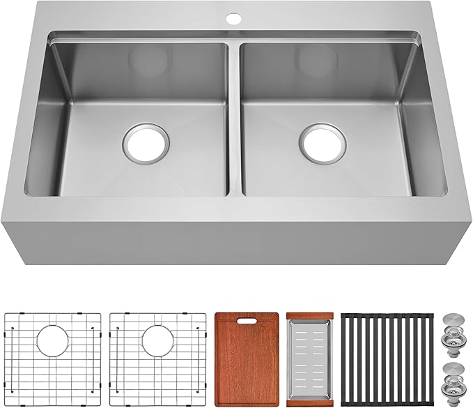 Farmhouse Kitchen Sink 36 x 22 Drop In, 50/50 Double Bowl Farm Sinks, 16 Gauge Stainless Steel Workstation Sink with Ledge & Accessories, 36 Inch Large and Deep Farm house Apron Front Sink
