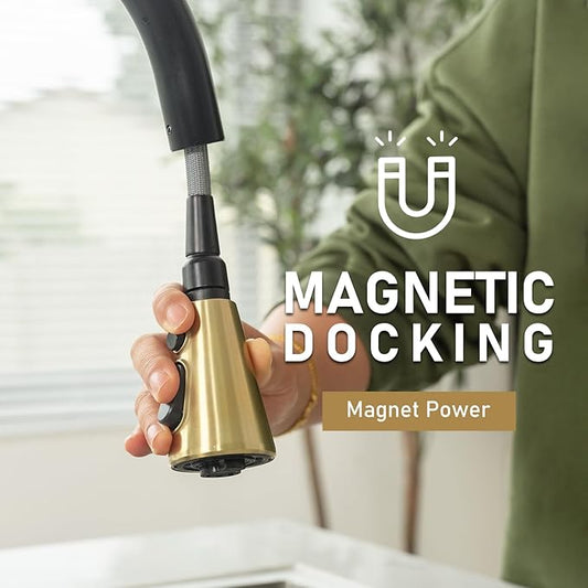Kitchen Faucet with Pull Down Sprayer, Lava Odoro Matte Black and Brushed Gold Kitchen Sink Faucet, Black and Brass Faucet for Kitchen Sink with Magnetic Docking Spray Head and Deck Plate, KF321-GB
