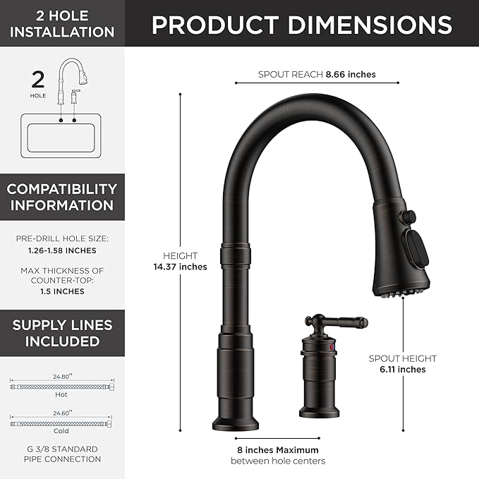 FORIOUS 2 Hole Kitchen Faucet with Pull Down Sprayer, Stainless Steel Rustic Kitchen Sink Faucet 3 Spray Modes with Single Seperate Handle, Suitable for Farmhouse Outdoor Rv Bar, Oil Rubbed Bronze