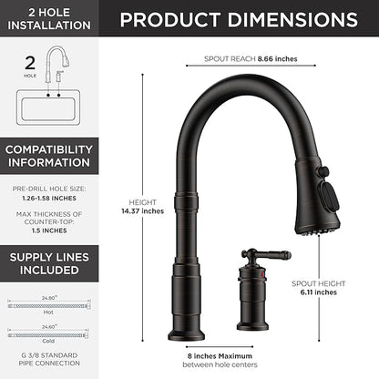 FORIOUS 2 Hole Kitchen Faucet with Pull Down Sprayer, Stainless Steel Rustic Kitchen Sink Faucet 3 Spray Modes with Single Seperate Handle, Suitable for Farmhouse Outdoor Rv Bar, Oil Rubbed Bronze