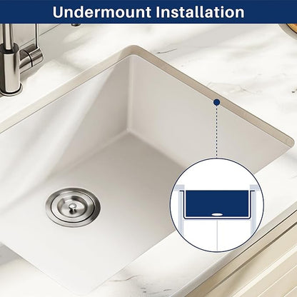 Enbol 24 Inch Undermount Kitchen Sink White Quartz Undermount Kitchen Sink Single Bowl Granite Composite Sink with Strainer 2418-W (24”X18”)