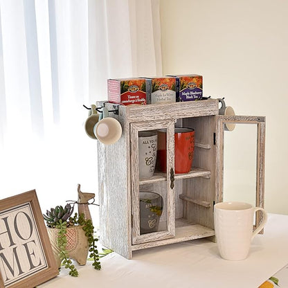 Ikee Design Wooden Countertop Storage Cabinet. Customizable Organizer with Adjustable Shelves, Glass Window Door and Removable Metal Hook. Perfect for Kitchen, Vanity, or Bathroom. Antique White