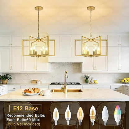 6 Light Gold Chandelier, Dining Room Light Fixture, Modern Farmhouse Industrial Metal Geometric Ceiling Light Rustic Hanging Pendant Lights with E12 base for Kitchen Island Entryway Foyer, Indoor