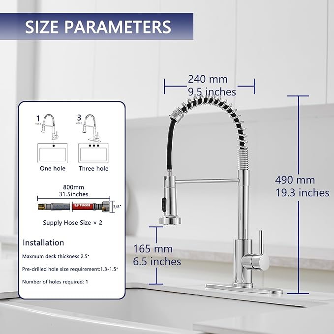 VOTON Chrome Kitchen Faucets with Pull Out Sprayer Commercial Spring Sink Faucet Stainless Steel Pull Down Single Handle Farmhouse faucets with Deck Plate for Camper Laundry Utility Rv Wet Bar