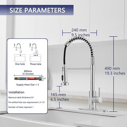 VOTON Chrome Kitchen Faucets with Pull Out Sprayer Commercial Spring Sink Faucet Stainless Steel Pull Down Single Handle Farmhouse faucets with Deck Plate for Camper Laundry Utility Rv Wet Bar