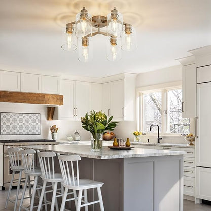 YYT Light Fixtures for Dining Room 6-Light Semi Flush Mount Ceiling Light Fixtures Large Brushed Nickel Kitchen Lighting Fixtures Ceiling with Clear Glass Shade for Living Room - E26