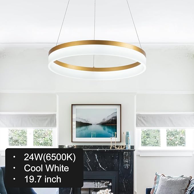 Buccleuch Modern LED Chandelier - Dimmable 19.7" Gold Round Pendant Light, Height Adjustable UL-Certified Ceiling Light for Dining Room, Kitchen Island, Living Room, Bedroom, Foyer, 6500K