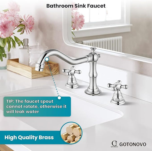 gotonovo Bathroom Faucet 3 Hole 8 Inch Widespread Bathroom Sink Faucet 2 Cross Handles Vintage Lavatory Vanity Mixer Tap with Pop Up Drain, Round Font Label, Polish Chrome