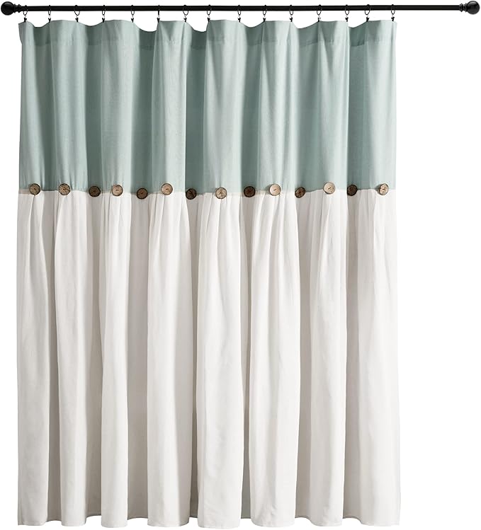Lush Decor Linen Button Window Curtain Panel, Single, 100" W x 84" L, Blue & White - Country Curtains - Rustic Decor - Color Block Modern Farmhouse Curtains For Living Room, Bedroom & Dining Room