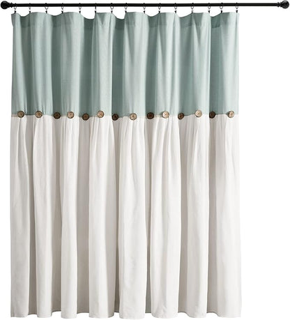Lush Decor Linen Button Window Curtain Panel, Single, 100" W x 84" L, Blue & White - Country Curtains - Rustic Decor - Color Block Modern Farmhouse Curtains For Living Room, Bedroom & Dining Room