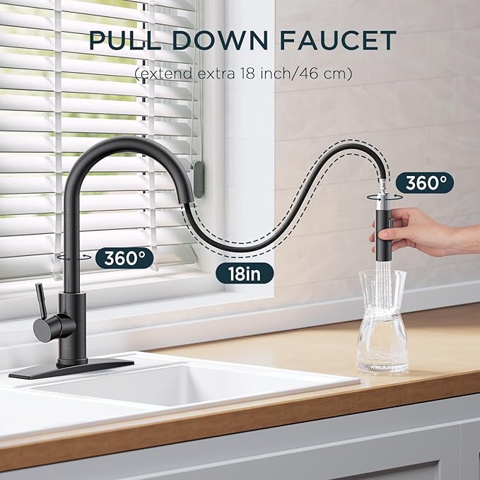 RIOUS Oil Rubbed Bronze Kitchen Faucet with Pull Down Sprayer, High Arc Modern Classic Sink Faucet Stainless Steel with Deck Plate Fit for 1 or 3 Hole for Pot Filler Bar Farmhouse Laundry Rv, ORB