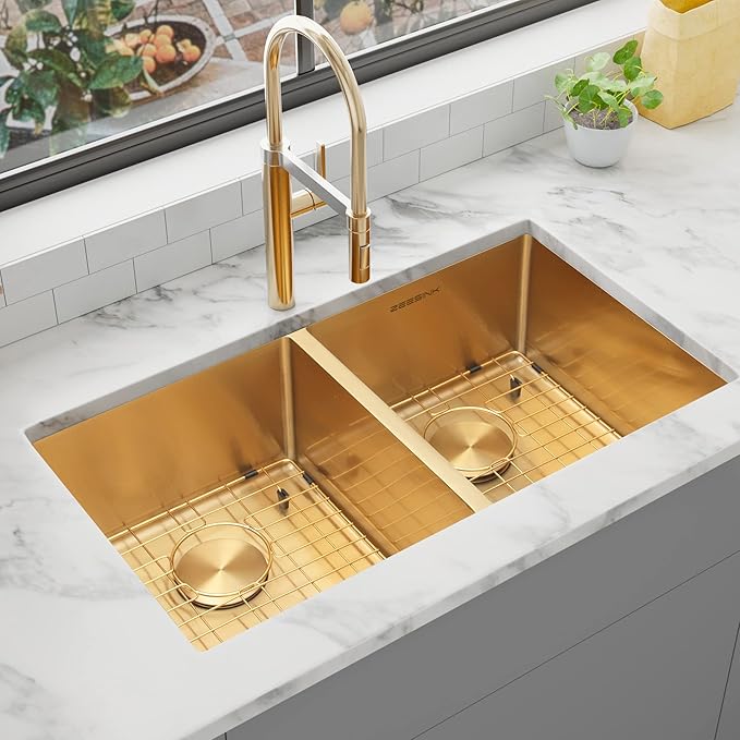 Double Bowl Gold Kitchen Sink 31" X 18",50/50 Double Bowl Undermount Kitchen Sinks,16 Gauge Stainless Steel Undermount Gold Sink