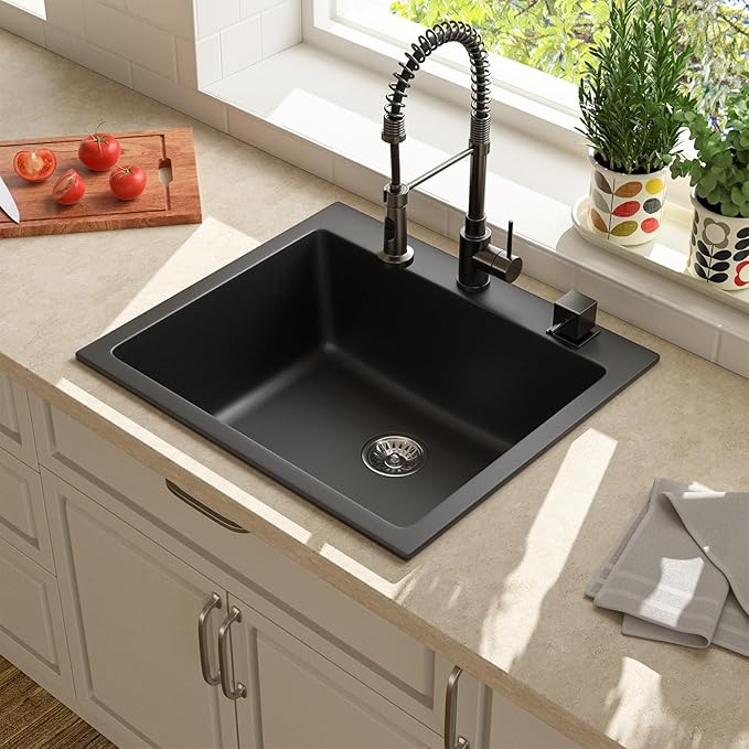 Lordear 25 Inch Black Drop In Kitchen Sink Granite Composite 25x22 Inch Quartz Black Deep Single Bowl Topmount Granite Kitchen Sinks