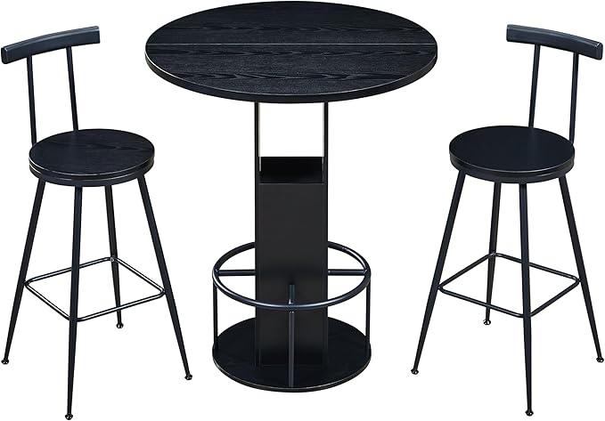 SOFTSEA 3 Pieces Round Bar Height Table and Chairs Set, Round Dining Table Set with Storage, Wood Pub Table and Chairs for Small Space, Black
