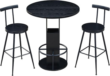 SOFTSEA 3 Pieces Round Bar Height Table and Chairs Set, Round Dining Table Set with Storage, Wood Pub Table and Chairs for Small Space, Black