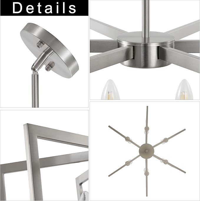 Sigaitwei 6-Light Modern Metal Geometric Chandelier，Kitchen Island Brushed Nickel Lighting Fixtures，Entryway Light Fixture Hanging Brushed Nickel，Farmhouse for Dining Room Chandelier