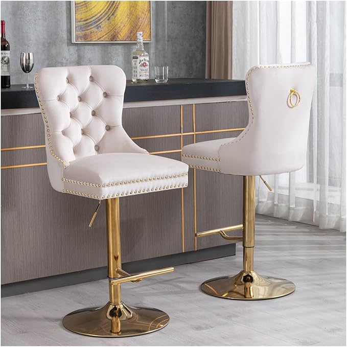 Thick Golden Swivel Velvet Barstools Adjusatble Seat Height from 27-35 Inch, Modern Upholstered Bar Stools with Backs Comfortable Tufted for Home Pub and Kitchen Island