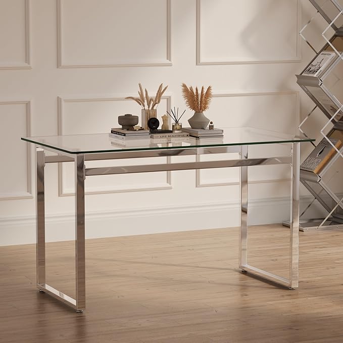 Modern Glass Dining Table for 4-6, 51" Rectangular Kitchen Dining Room Table with 0.31" Tempered Glass Tabletop and Silver Chrome Metal Legs, Writing Table Desk, for Kitchen Dining Living Room