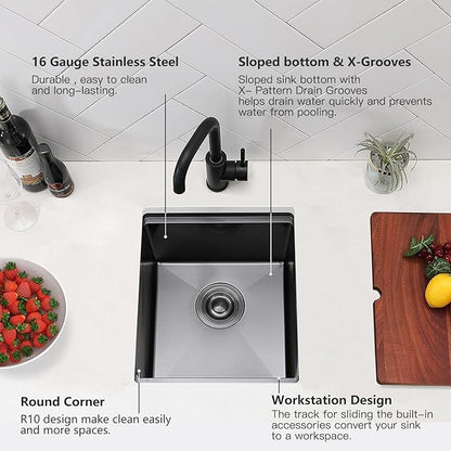 15x17 Black Bar Sink Undermount, Gunmetal Black Workstation Stainless Steel 16 Gauge Small Kitchen RV Prep Wet Bar Sink 9" Deep Single Bowl with Cutting Board
